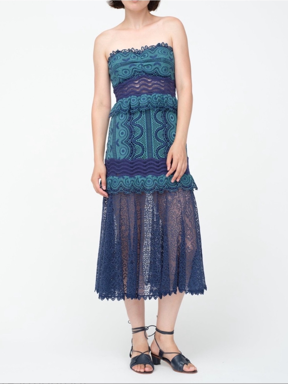 Sea New York Lola Strapless Midi Dress, Teal and Navy Tiered Lace Design, Size 2